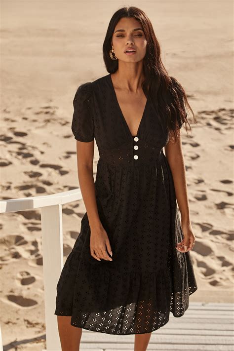 Buy Lipsy Black Broderie V Neck Puff Sleeve Midi Summer Holiday Shop