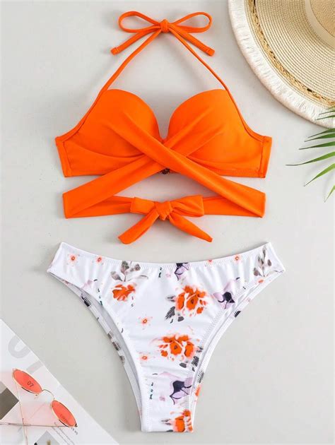Floral Print Knot Front Halter Bikini Set Shein Usa