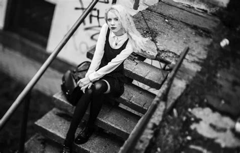 Wallpaper Dress Stockings Monochrome Model Women Blonde Black