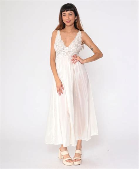 White Lingerie Nightgown 80s Sheer Lace Slip Dress Br Gem
