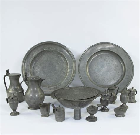 Lot Collection Of Old Pewter Plates Jugs Mustard Vessel Vinegar Jars