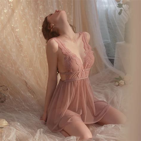 Night Dress Women Sexy Sleepwear Romantic Camisolas Lace Kawaii Lingerie See Through Nightgown