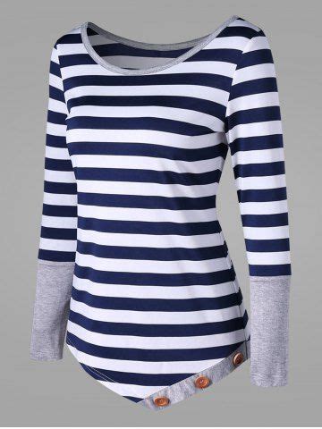 Stripe L Button Embellished Striped Asymmetric Top RoseGal