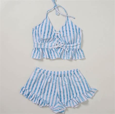Striped White Blue Pattern Women Summer Bikini Two Piece Swimsuit Sugarplum Y K Coquette
