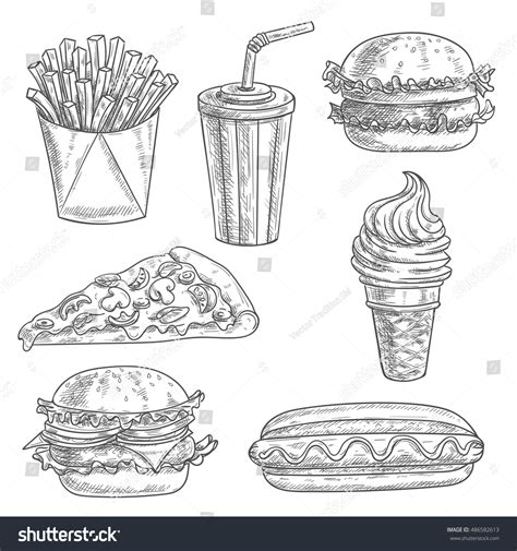 Vektor Stok Fast Food Pencil Sketch Snacks Desserts Tanpa Royalti