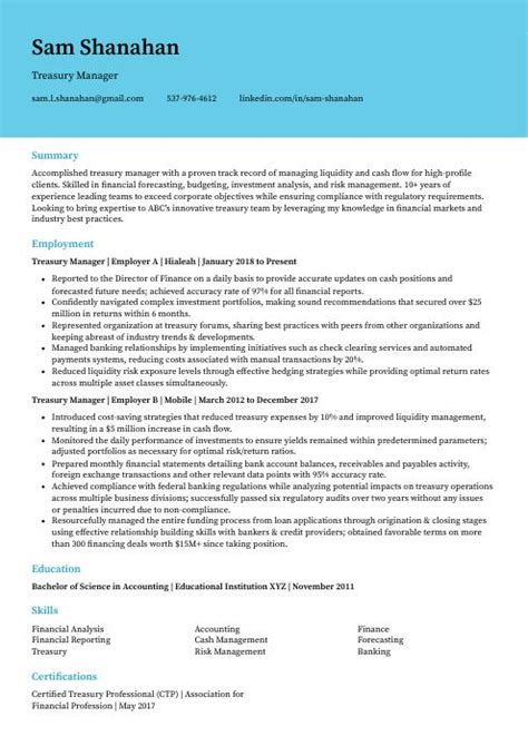 Treasury Manager Resume Cv Example And Writing Guide