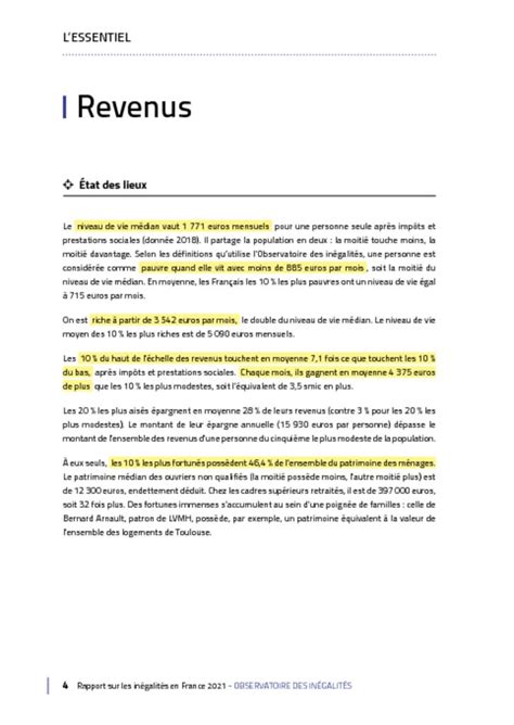 Synthèse De Lédition 2021 Du Rapport Sur Les Inégalités En France à