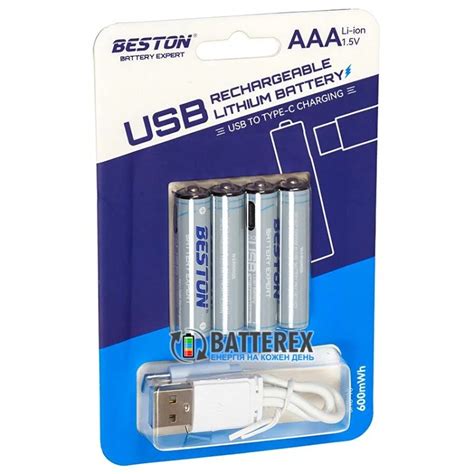 Аккумуляторы AAA 1.5V USB Type-C Li-ion Beston 600mWh 400mAh комплект 4 ...