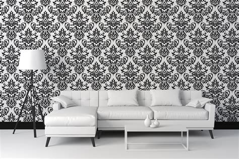 Black And White Damask Wallpaper In Room