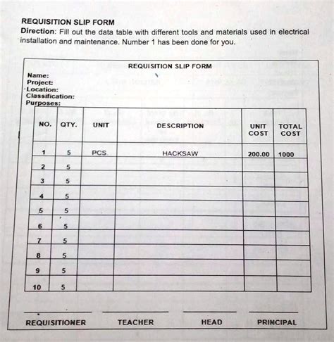 REQUISITION SLIP FORM Direction Fill Out The Data Table With Different