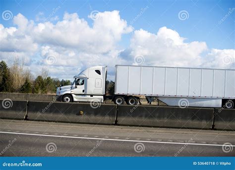 Excellent Modern White Semi Truck Trailer Dry Van On Highway Wit Stock