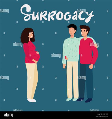Gay Couple With Surrogate Pregnant Woman Two Dads Vector Illustration Flat Cartoon Style With