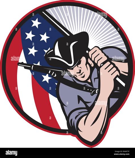 Illustration of an American patriot minuteman revolutionary soldier with stars and stripes flag ...