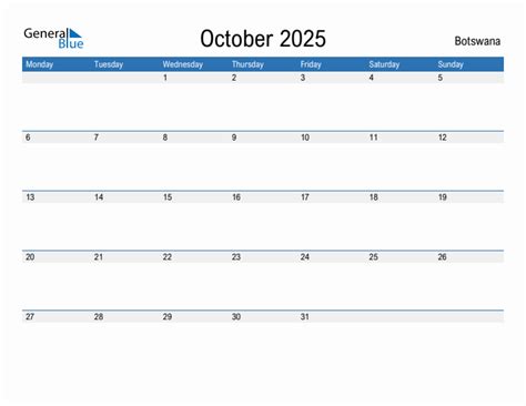 October 2025 - Botswana Monthly Calendar with Holidays