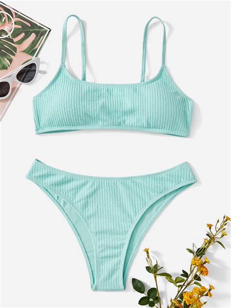 Solid Ribbed Knit Bikini Swimsuit