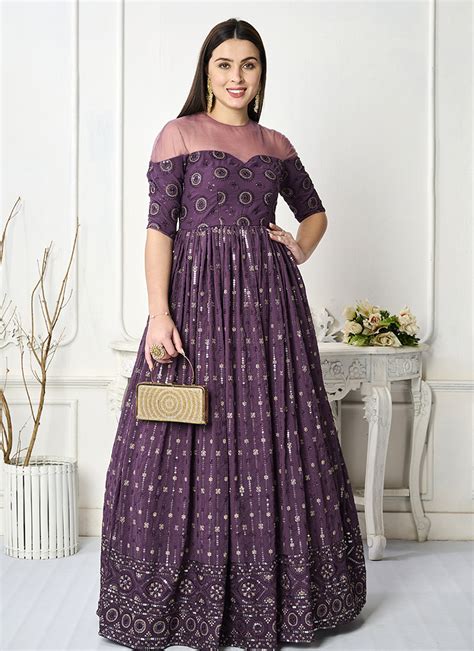 buy purple georgette embroidered gown wedding wear    price