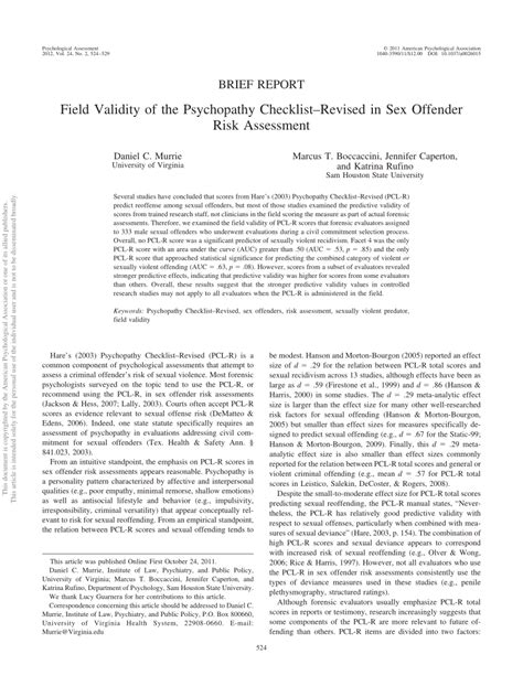 Field Validity Of The Psychopathy Checklist Revised In Sex Offender