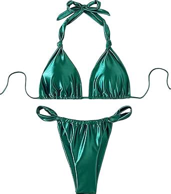 Amazon Wdirara Women S Piece Metallic Swimsuits Shiny Ruched Halter Triangle Bikini Set
