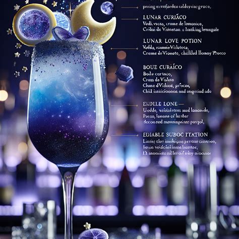 Lunar Love Potion, Whimsical moon-themed cocktail with enchanting sparkle