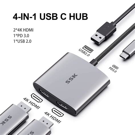 SSK USB C to Dual HDMI Adapter 4K/60Hz,4 in 1 Laptop HDMI Splitter for