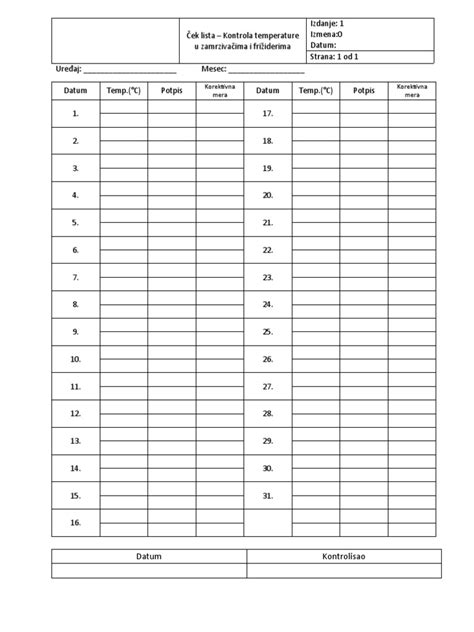 Cek Lista Kontrole Temperature U Zamrzivacima Pdf