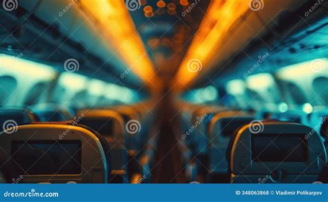view   airplane cabin  lights turned  ideal
