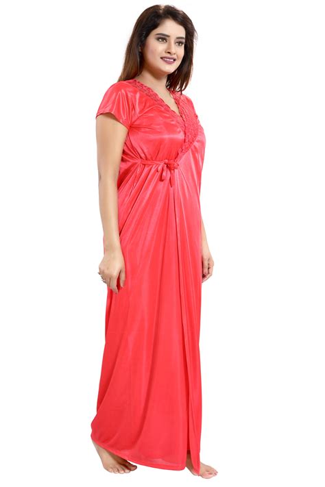 Buy Be You Peach Solid Lace Satin Women Nightwear Set Robe Nighty Lingerie Set