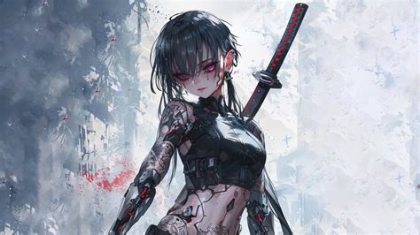 Anime Girl Katana Cyberpunk 4K 6950j Wallpaper IPhone Phone