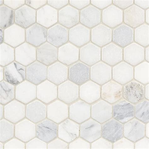 Carrara Collection White Hexagon Tumbled Marble Mosaic In X In