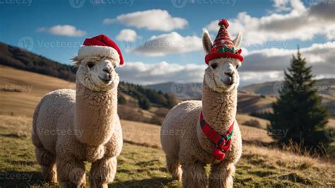 Two festive llamas wearing Christmas hats in a scenic landscape