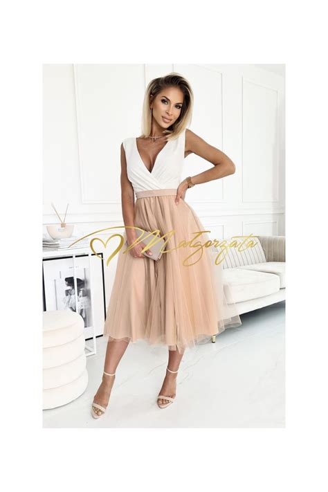 Sukienka Midi Z Tiulem I Kopertowym Dekoltem Nude Melissa Ma Gorzata Sklep