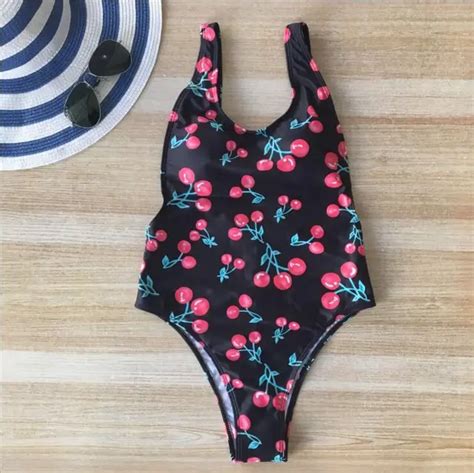 ZMTREE Printed Bathing Suit Cherry Swimsuit One Piece Swimwear Women Backless Bikini Beach Wear