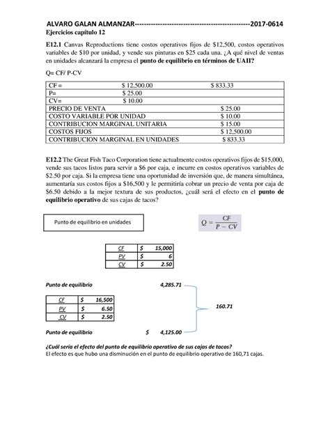 Ejercicios capítulo 12 Punto de equilibrio en unidades Ejercicios