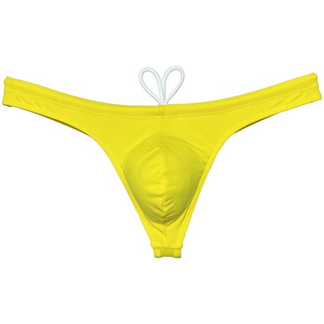 Botmois Men Solid Swim Thong Nylon Swimwear Pouch Bikini Swimsuit T Back Bikini Yellow L