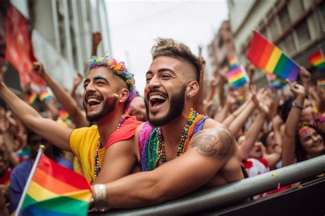 Pareja Feliz Celebrando En El Desfile Del Orgullo Gay Lgbtq En Sao Paulo Mes Del Orgullo En