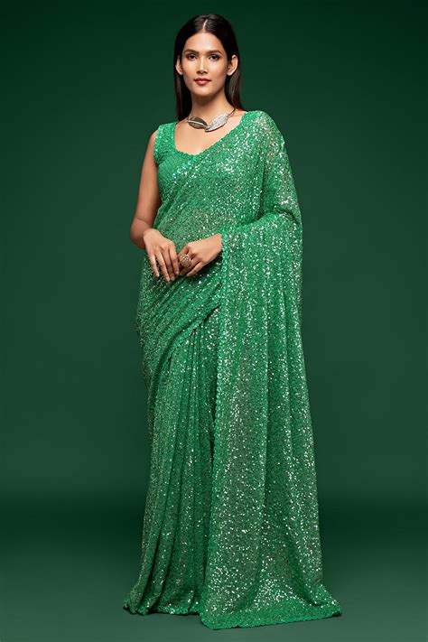 Buy Green Georgette Sequined Saree Online Like A Diva