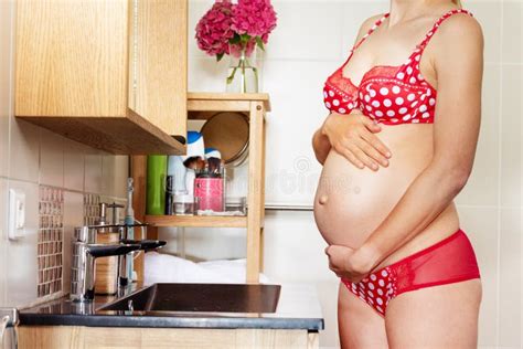 Pregnant Woman In Red Lingerie Hold Big Belly Stock Photo Image Of Happy Belly 241708838