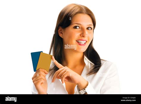 Cute Brunette Showing Blank Credit Card And Smiling Like In A