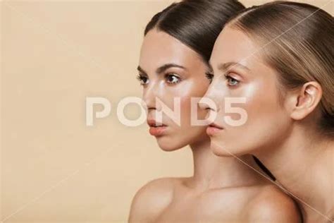 Women Posing Naked Isolated Over Beige Wall Background Hi Res