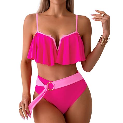 Musuos Mommy And Me Piece Summer Bikini Set Contrast Color Leaves Print Ruffled Bra With