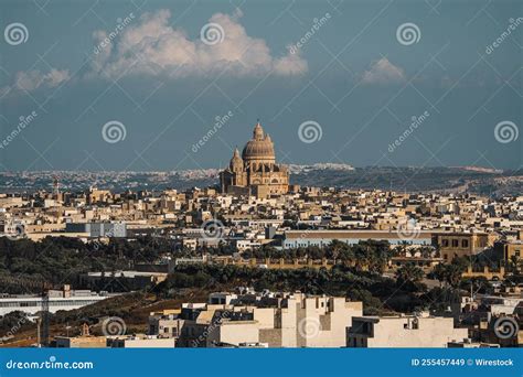 Aerial View Of Gozo City With The Rotunda St John Baptist Church Stock