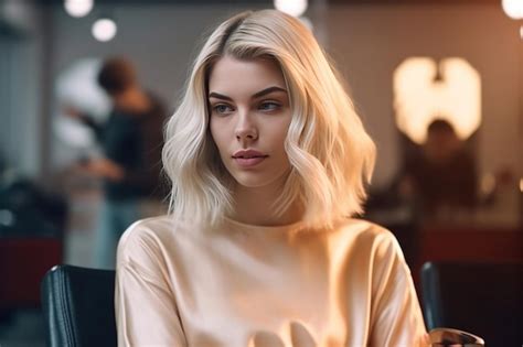 Premium Photo A Beautiful Blonde Model Woman Sitting On The Chair And Talks To The Hairstylist
