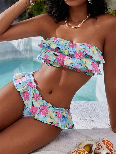Swim Mod Summer Beach Women Tropical Plant Print Splice Bikini Set With Ruffled Hem Strapless
