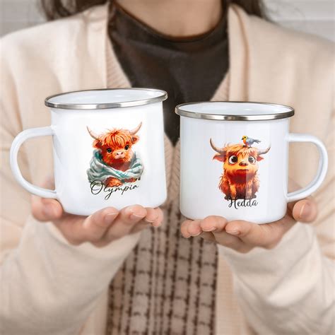 Personalisierte Highland Kuh Tasse Mit Namen Heiße Kakaotasse Für Kinder Emaille Kaffeetasse