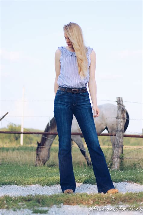 Fashioned For Living Cowgirl Boots Outfit With Flare Jeans And Ruffled Top