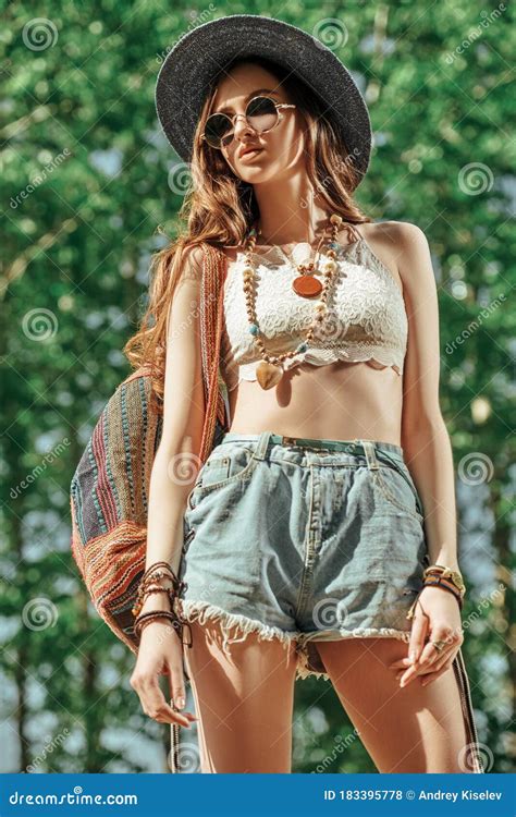 Modern Hipster Hippie Girl Stock Photo Image Of Countryside 183395778