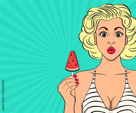 Sexy Blonde Girl In A Bikini Holds Ice Cream In Her Hand Rays Background Vector Illustration