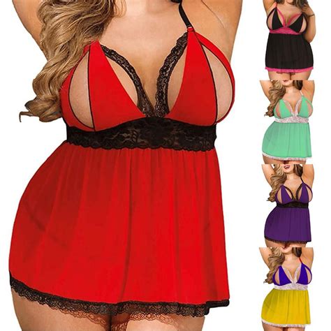 Rong Yun Women Plus Size Lace Mesh Lingerie Red Babydoll Lace Split Cup