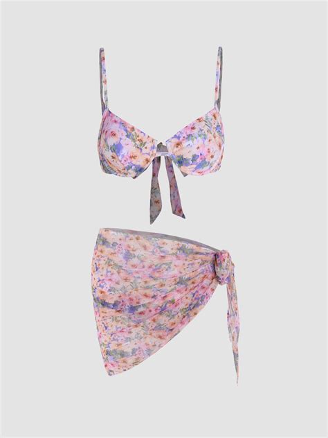 Geblümter Bügel Bikini mit Binderücken und Sarong Cider