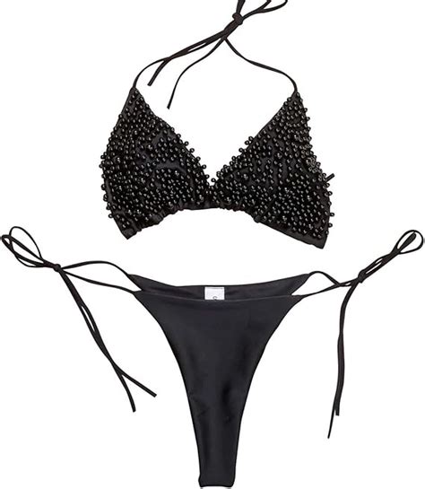 Women Sexy Swimsuit Pcs Elegant Pearl Thong Bikini Set Brazilian Halter Ties Bathing Suit